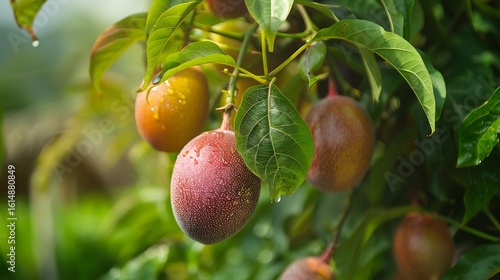 A passion fruit tree with ripe passion fruits