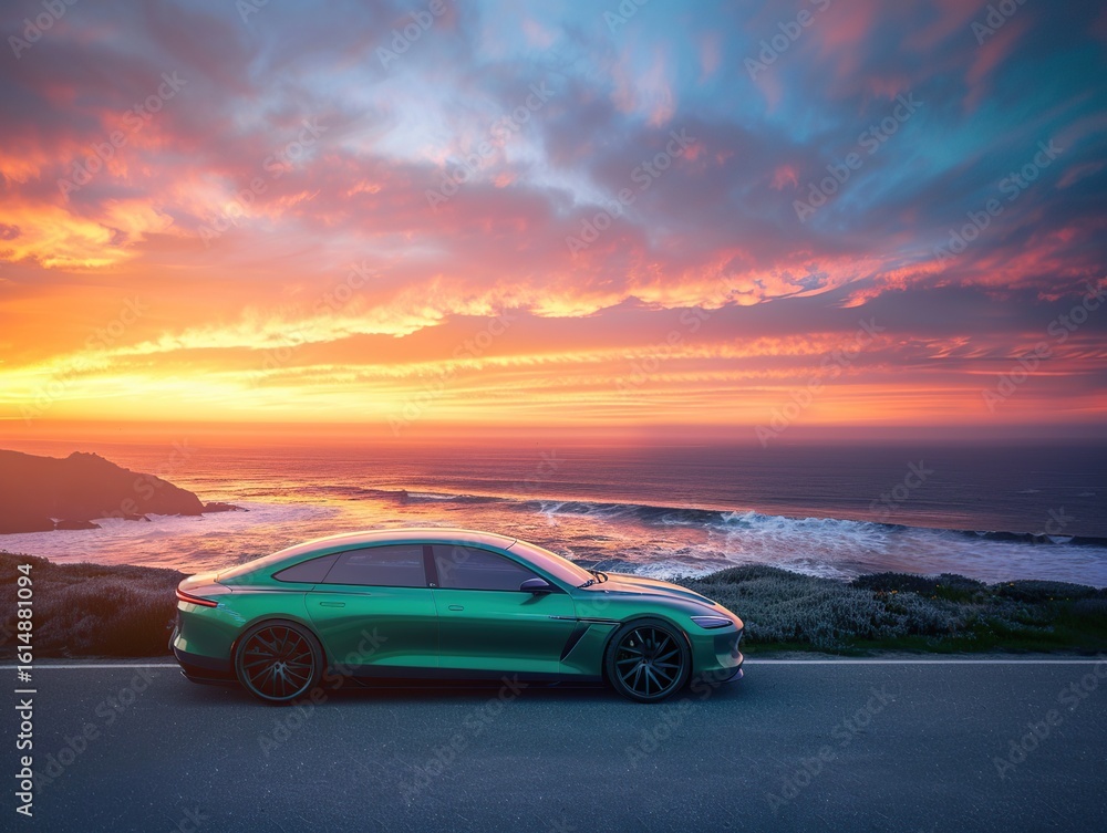 Naklejka premium A sleek, green electric car drives along a coastal highway during a vibrant sunset, creating a stunning landscape scene.