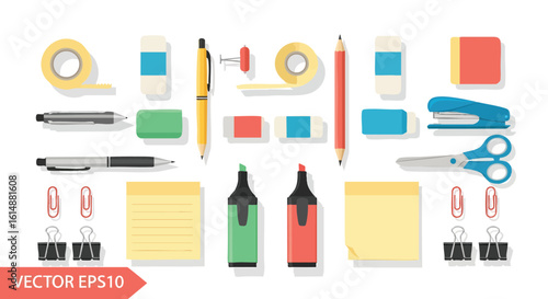 Flat lay of colorful office and school supplies illustration