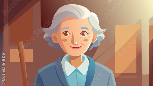 Smiling elderly woman with white hair in a blue jacket