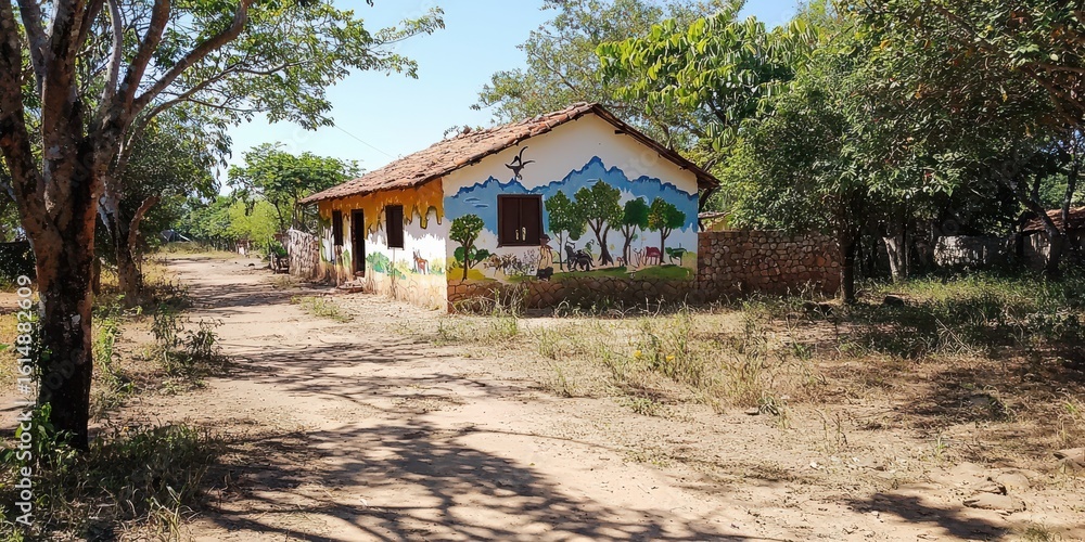 A rustic house with a painted mural stands beside a dirt road surrounded by trees and dry vegetation under a clear sky. A rustic house with a painted mural stands beside a dirt road surrounded by trees and dry vegetation under a clear sky.