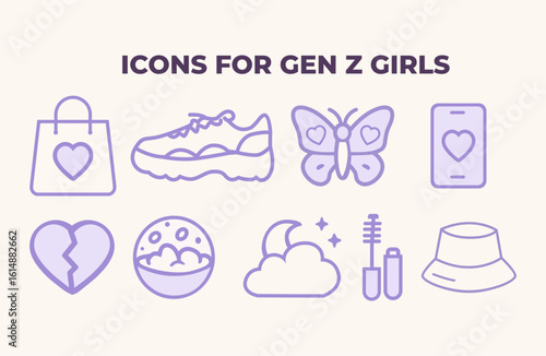 Gen Z girl aesthetic line icons pack – purple style with heart, phone, foam soap bowl, sneaker, makeup, moon, shopping bag, cloud, and butterfly