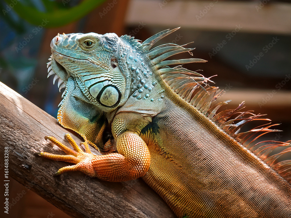 Fototapeta premium Wildlife portrait of green iguana in rainforest setting with blurred foliage behind. Iguana iguana perched calmly with textured skin and sharp claws in natural environment.