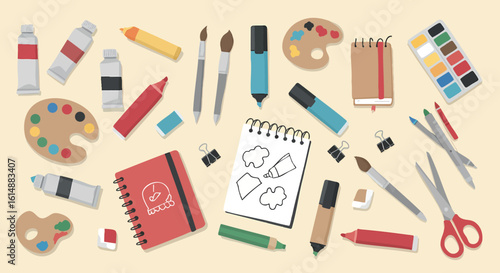 Art supplies scattered flat vector illustration