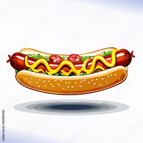 Appétissant Hot Dog, chien chaud, sandwich, saucisse, salade, tomate, moutarde, arrière plan blanc uni