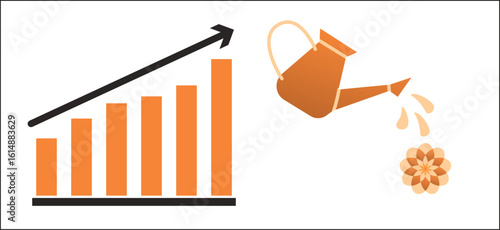 growth strategy, orange rising bar chart with watering can and blooming flower representing investment nurturing success development or business performance improvement concept


