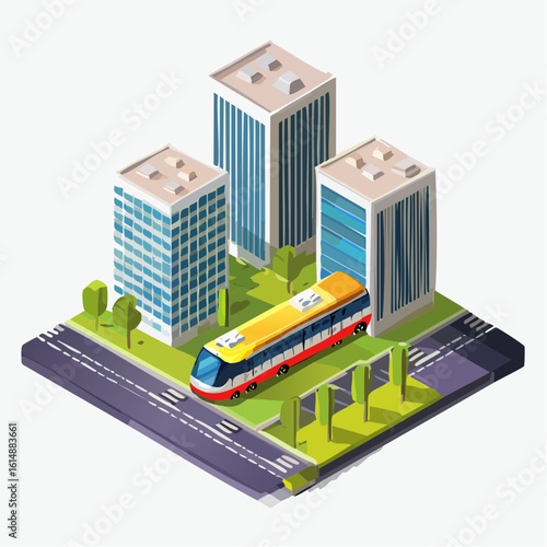Tramway traversant la ville, illustration, isométrique, fond clair