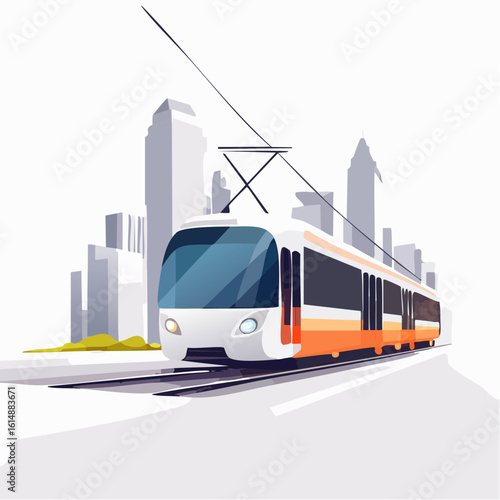 Joli tramway vue en perspective, ville et gratte-ciels, arrière plan blanc 