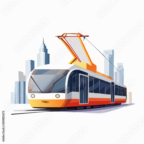 Joli tramway vue en perspective, ville et gratte-ciels, arrière plan blanc 