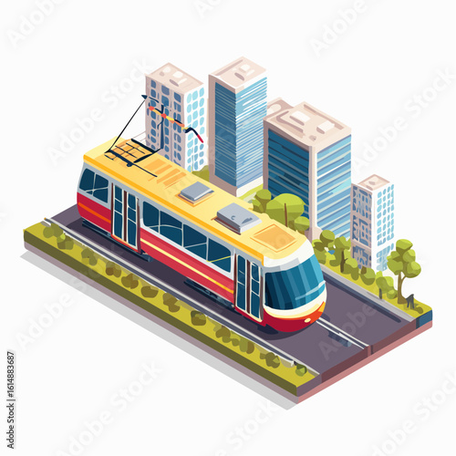 Tramway traversant la ville, illustration, isométrique, fond clair