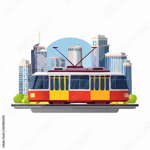 Joli tramway coloré, arrière plan ville et fond blanc, vue de profil