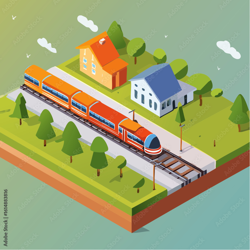 Train moderne traversant la campagne, journée ensoleillée, coloré, illustration, vue isométrique
