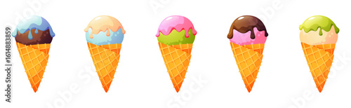 Five cones with a ball of ice cream with frosting, different flavors and colors: vanilla, chocolate, strawberry, and pistachio. Summer dessert. Image on a white background, vector illustration.