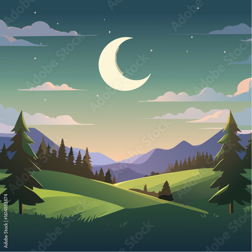 Joli croissant de lune dans le ciel la nuit, nature, vallée, sapins