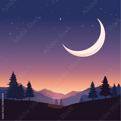 Joli croissant de lune dans le ciel la nuit, nature, vallée, sapins