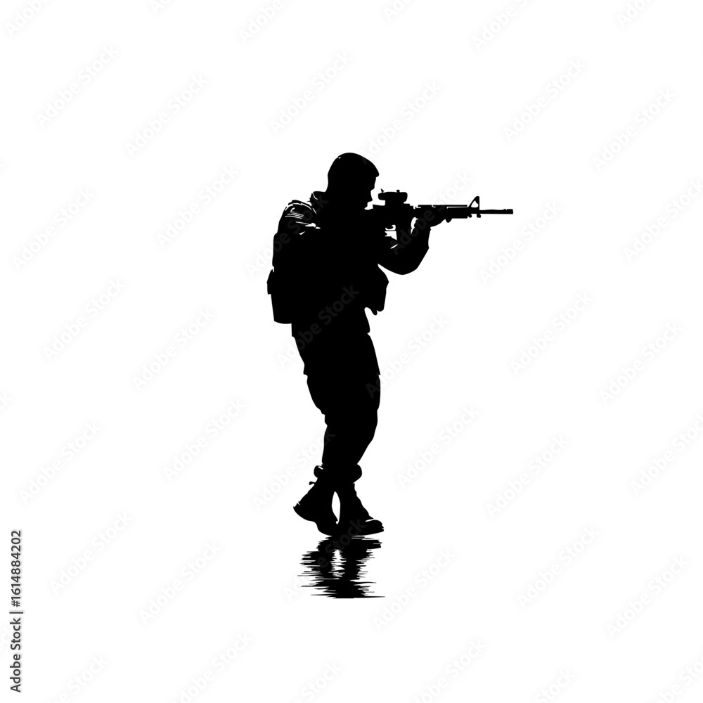 US Soldier Silhouette Vector Art – Full Body AR-15 Aiming – Black on White Military Illustration US Soldier Silhouette Vector Art – Full Body AR-15 Aiming – Black on White Military Illustration