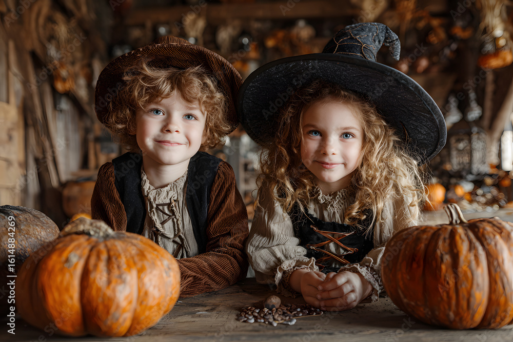 Fototapeta premium Happy kids on Halloween. Funny kids in carnival costumes indoors. Cheerful children play with pumpkins and candy,