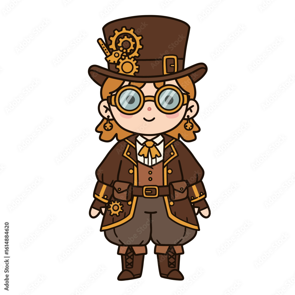 Obraz premium Flat cute illustration of steampunk civilian character, bold outline