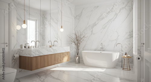 Stylish bathroom interior with white walls, marble floor, comfortable bathtub, white marble sink with vertical mirrors and wooden cabinets. 3D Rendering