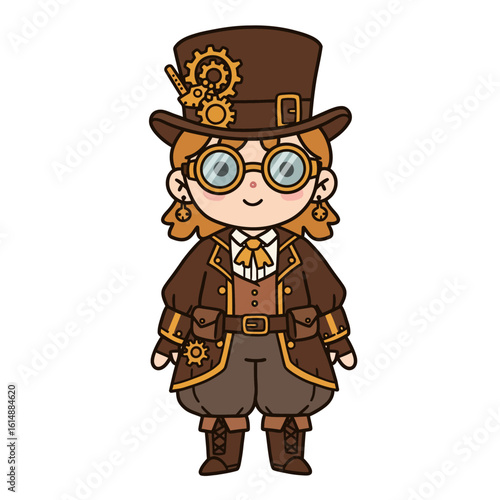 Flat cute illustration of steampunk civilian character, bold outline