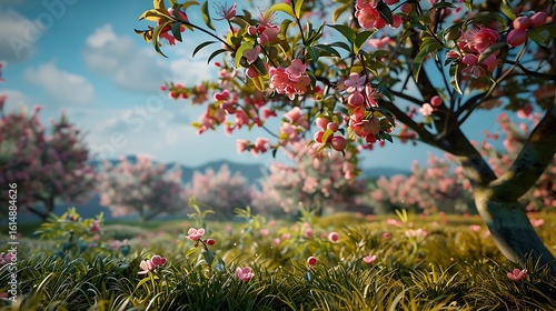 A peach tree in full bloom with ripe peaches