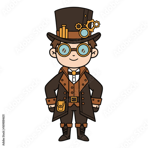 Flat cute illustration of steampunk civilian character, bold outline, isolated on white