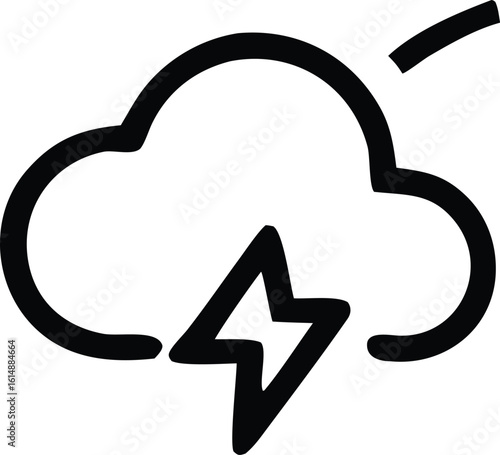 A simple hand drawn black and white illustration of a storm cloud with a lightning bolt striking downwards symbolizing weather and power