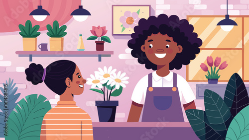 Happy customers in a bright flower shop