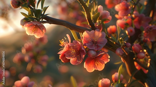 A peach tree in full bloom with ripe peaches
