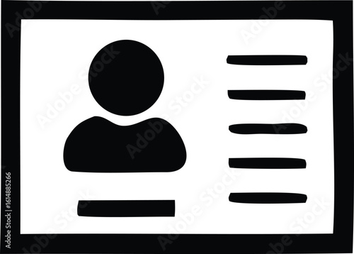 Simple black and white icon representing a user profile with personal information fields and a placeholder for a photograph
