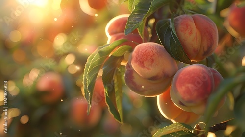 A peach tree loaded with fuzzy ripe peaches