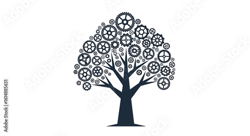 Creative illustration of a mechanical tree concept representing technology and innovation