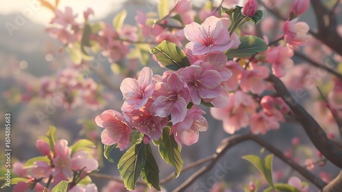 A peach tree in full bloom with ripe peaches