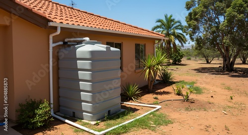 Water Tank System Sustainable Living in Arid Australian Landscape with Red Soil and Native Flora.