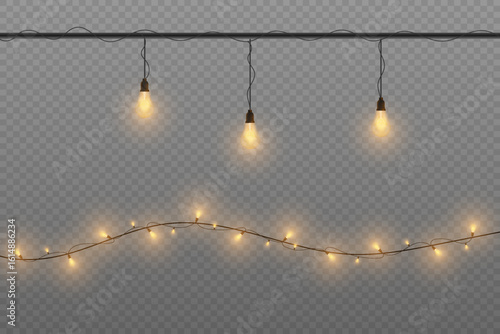 Christmas garland. Garland of lights for Christmas decorations. New Year's party decorated with lanterns. Vector on transparent background.
