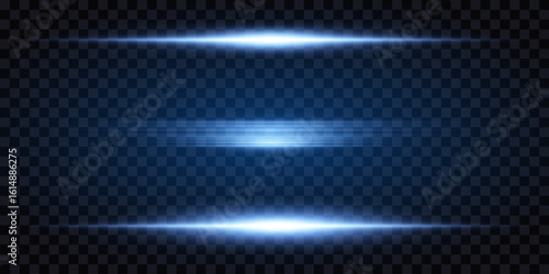 Set of blue horizontal glare. Laser beams. Bright particles, burning blue lights, stars, lasers. Vector EPS 10.