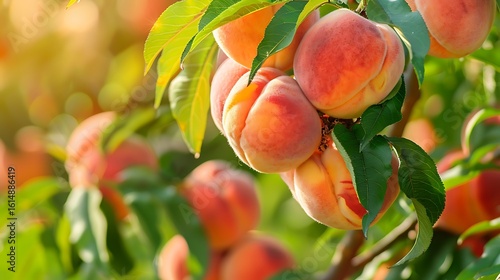 A peach tree loaded with fuzzy ripe peaches