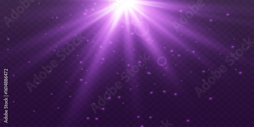 Purple star rays. Special effect flash with light rays and magic sparks. Vector illustration. EPS 10
