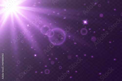 Purple star rays. Special effect flash with light rays and magic sparks. Vector illustration. EPS 10