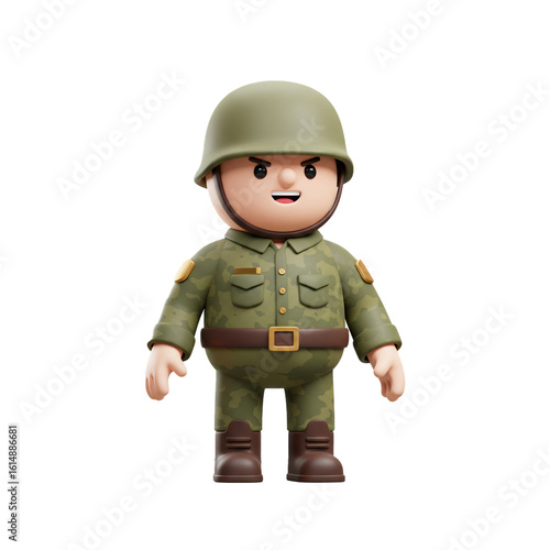 A cheerful cartoon soldier stands ready in camouflage uniform and helmet with a determined expression for a military themed project.