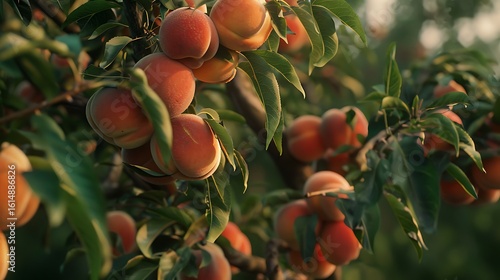 A peach tree loaded with fuzzy ripe peaches