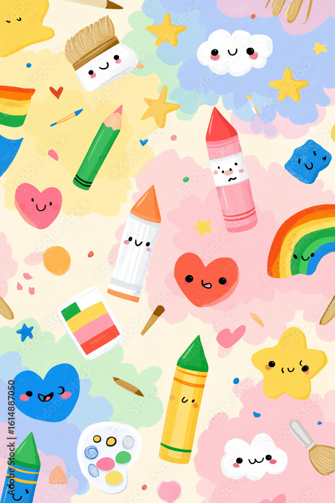 Fototapeta premium Whimsical art illustration background with school supplies in kawaii doodle style
