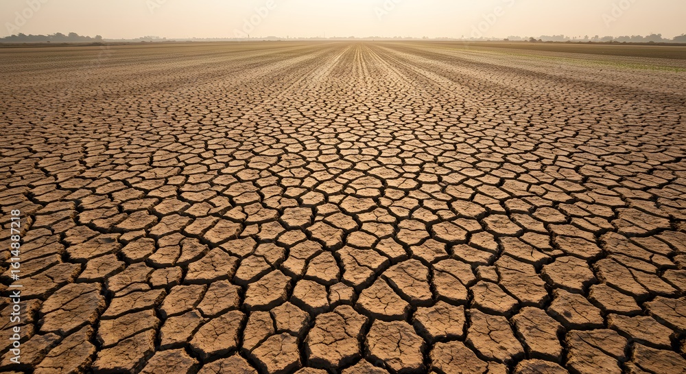 Fototapeta premium Vast Arid Field of Deeply Cracked Earth Under Hazy Sky Evoking Drought and Climate Change.