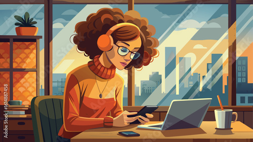 Woman with headphones works on laptop and phone by window