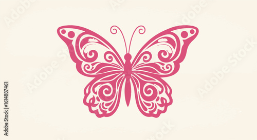 An elegant pink butterfly with an intricate, ornamental swirl design. This graphic is perfect for logos for beauty salons or spas, wedding invitations, or as a decorative element for feminine