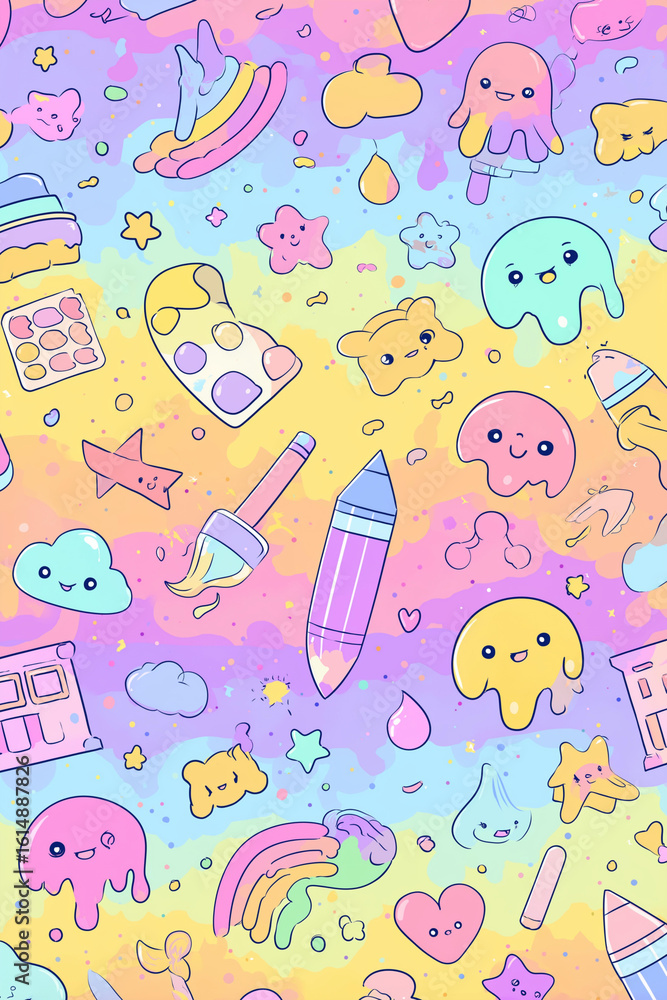 Fototapeta premium Seamless kawaii art background featuring cheerful stars, art palettes, and school tools