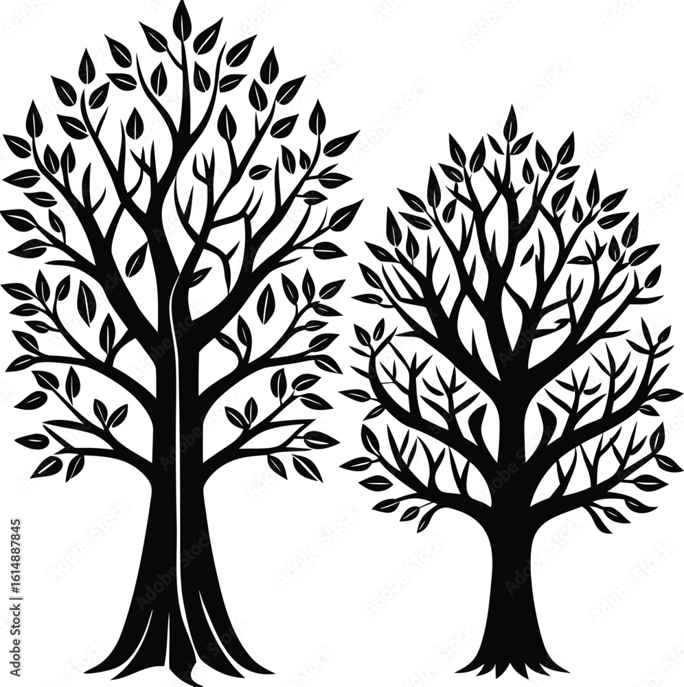 Obraz premium Two stylized black silhouette trees with detailed branching patterns and leafy canopies against a white background