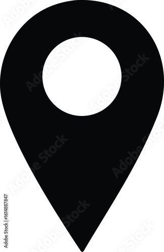 A stark black silhouette of a classic map marker or location pin icon with a white oval center against a white background