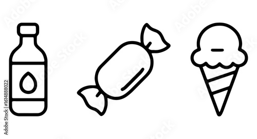 Outline drawing of a bottle, wrapped candy, and ice cream cone treat