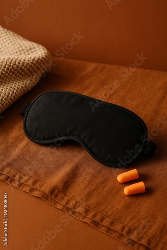 A relaxing still life of a sleep mask, earplugs, and a folded cloth resting on a brown surface. This creates a scene of tranquility and peaceful rest.